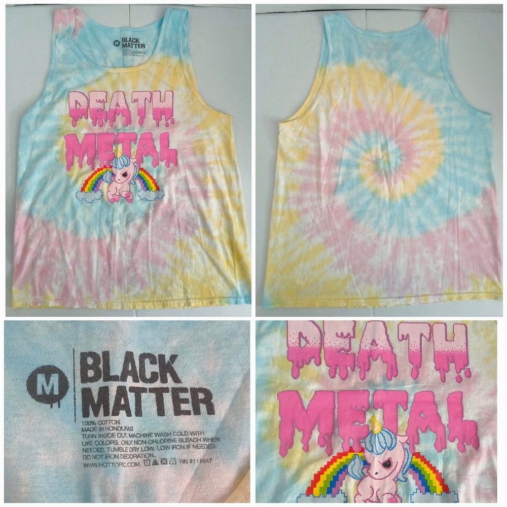 HT Black Matter Death Metal Blue & Yellow Tank Top with Playful Graphic Size Med
